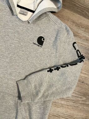 Carhartt Hoodie Boys Large Gray Pullover Fleece Hooded Kangaroo Sleeve Hit Logo